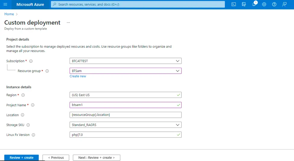 Deploy template Azure portal